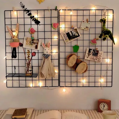 Miniatura 2 de Paquete de 2 paneles grandes de rejilla de pared con luz y clips, tablero de exhibición de fotos, tablero de collage para marcos de fotos, panel