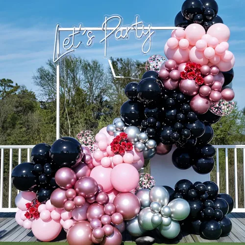 Miniatura 4 de Globos rosados y negros, 60 piezas de 12 pulgadas, color rosa intenso, rosa claro, negro, confeti, globos metálicos rosados para fiesta temática