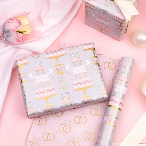 Miniatura 8 de WRAPAHOLIC Rollo de papel reversible para envolver bodas, mini rollo, 17 pulgadas x 33 pies, diseño floral de pastel y anillo, perfecto para bodas