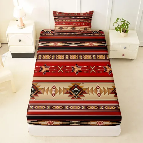 Miniatura 71 de Juego de ropa de cama de estilo bohemio occidental, tamaño individual, diseño de vaca atrapasueños, sábana bajera ajustable del suroeste, tribu