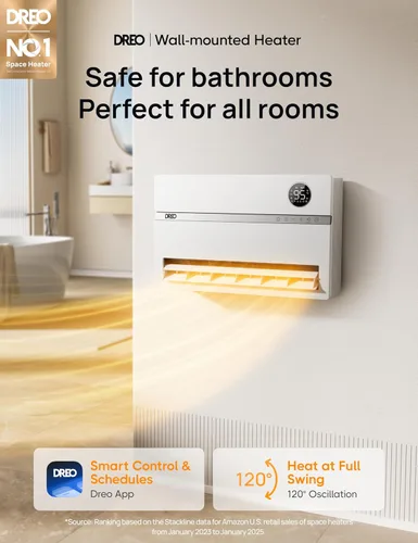 Miniatura 2 de Dreo Calentador de pared para baño, calentadores de espacio inteligentes con enchufe ALCI, 1500 W, oscilación vertical de 120°, termostato