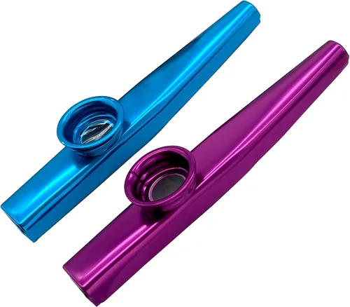 Miniatura 7 de FSHANEE Paquete de 2 instrumentos musicales Kazoos (azul, morado) con 6 flautas de membrana de diafragma todo en una caja de regalo Azul y púrpura