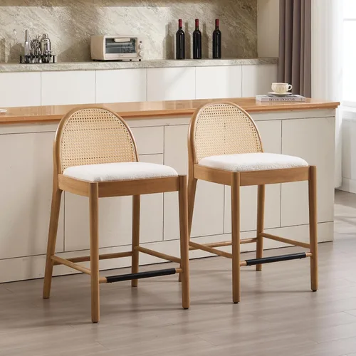 HEAH-YO Taburetes de bar de ratán, juego de 2, taburetes de barra de 26 pulgadas de altura de mostrador con respaldos de ratán y patas de madera,
