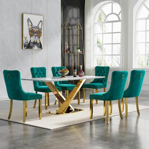 Miniatura 10 de Juego de mesa de comedor de 7 piezas con sillas, mesa de comedor de mármol sintético y sillas beige para 6, juego de mesa de comedor de oro blanco
