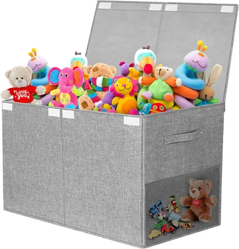 Caja grande de almacenamiento de juguetes con tapa, organizador de pecho de juguetes mejorado con divisor de polipropileno extraíble, contenedor Gris