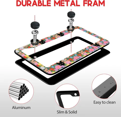 Miniatura 2 de Marcos para placa de matrícula para mujer, diseño floral, lindo y divertido gato negro, flores, marco de etiqueta de metal de acero inoxidable