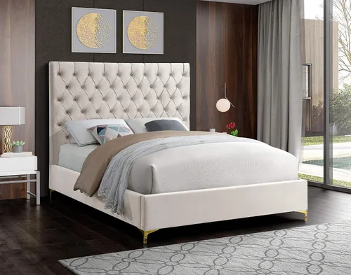 Miniatura 10 de Meridian Furniture Colección moderna Cruz Cama tapizada de terciopelo contemporánea con acolchonamiento de botones profundos y juegos completos