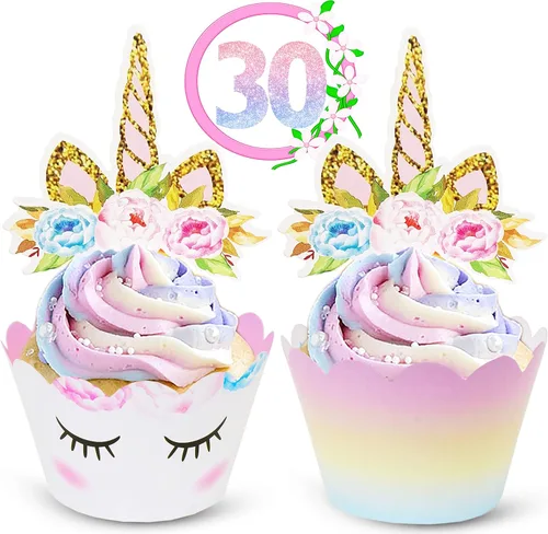 ecoZen Adornos de unicornio para cupcakes y envolturas, forros reversibles de arco iris para cupcakes con adornos de unicornio, lindos suministros