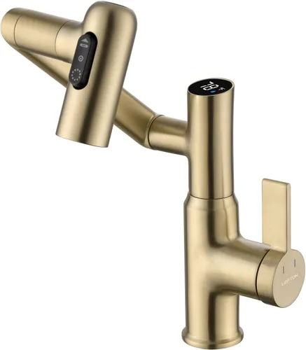Lefton Grifo giratorio para baño con pantalla de temperatura en Fahrenheit (sin baterías), 3 modos de agua, oro cepillado, BF2204-6