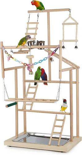 Miniatura 8 de Parrot Playstand Bird Playground Birdcage Soporte de madera Perca Escalera con comedero Tazas para Aves Juega Gimnasio Cockatiel Playground Incluye