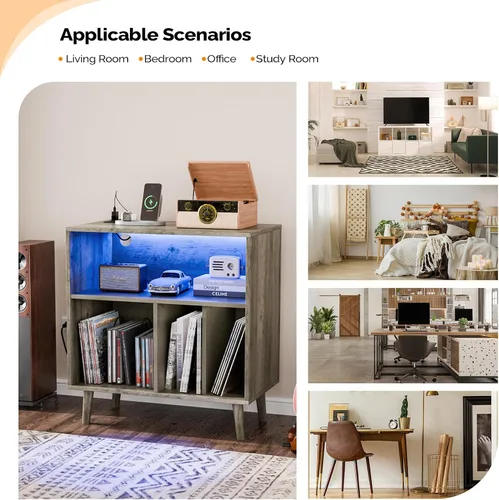 Miniatura 8 de VINGLI Soporte para tocadiscos con almacenamiento de vinilo abierto, mesa de almacenamiento de álbumes de mediados de siglo con luz LED de hasta 300