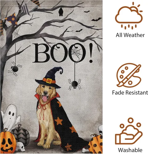 Miniatura 5 de Heyfibro Bandera de jardín de perro Golden Retriever de Halloween de 12 x 18 pulgadas, arpillera de doble cara, fantasma, rústico, decoración