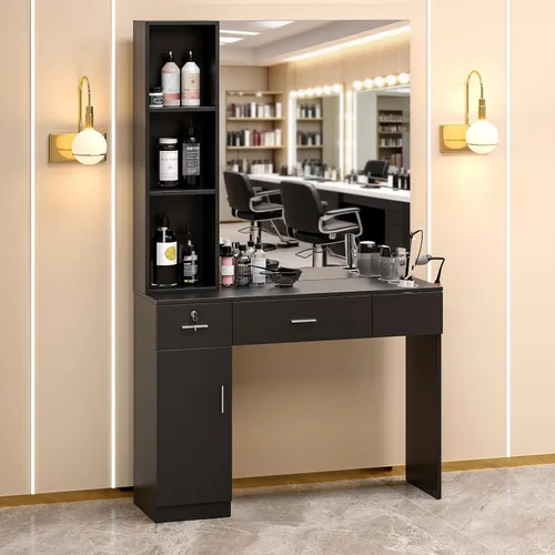 Miniatura 2 de OmySalon Estación de peluquería con espejo, estación de peluquería para estilista, equipo de spa de belleza de montaje en pared con 3 soportes