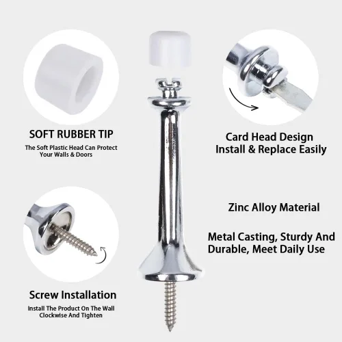 Miniatura 7 de Triumph Hardware Tope de puerta rígido sólido de 3 pulgadas con punta de goma suave, tope de puerta sólido de metal de aleación de zinc para Cromado