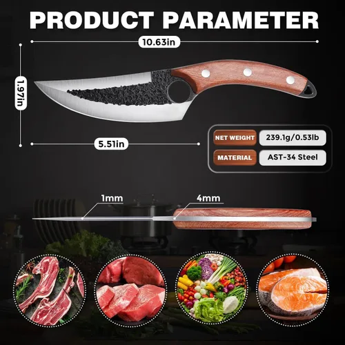 Miniatura 8 de ROCOCO Juego de 3 cuchillos de carnicero para cortar carne, cuchillo de chef serbio, cuchillo de deshuesado vikingo con fundas para cocina, BBQ al