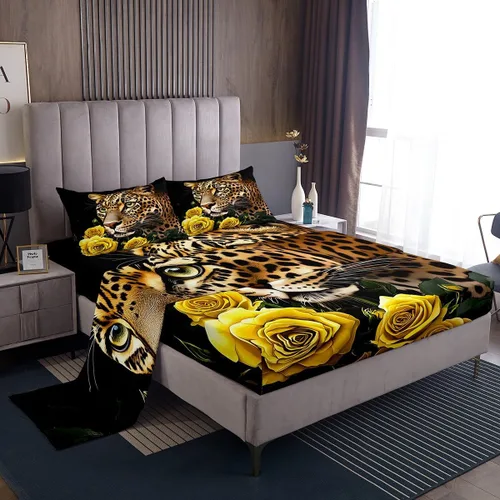 Miniatura 18 de Erosebridal Sábanas de cama de guepardo con rosa roja, juego de sábanas de bolsillo profundo con estampado de leopardo y gato, sábana bajera