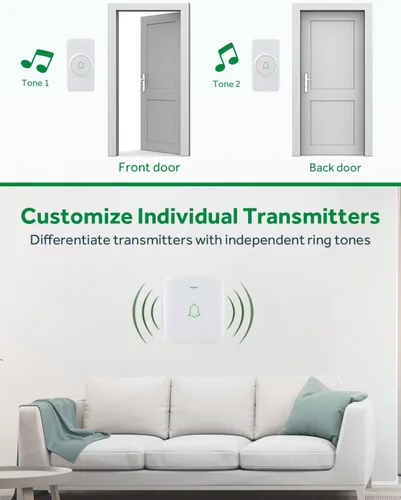 Miniatura 4 de Timbre inalámbrico AVANTEK CW-21 Mini, timbre de puerta impermeable, funciona a más de 305 metros, 2 botones remotos con tonos diferentes, 52 2