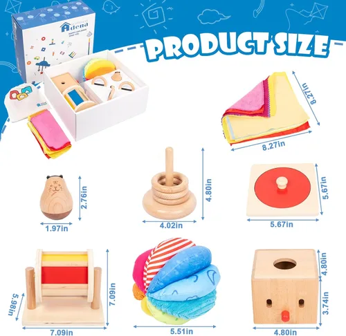 Miniatura 9 de Kit de juego Adena Montessori para bebé de 5-6 meses, juguetes educativos de aprendizaje 8 en 1 para niños pequeños, incluye tambor giratorio