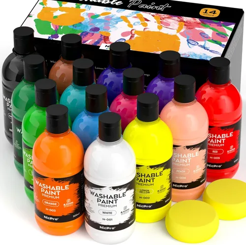 Nicpro Juego de pintura lavable grande de 14 colores para niños (16.9 oz, 500 ml), suministros de pintura acrílica a granel no tóxicos, pintura