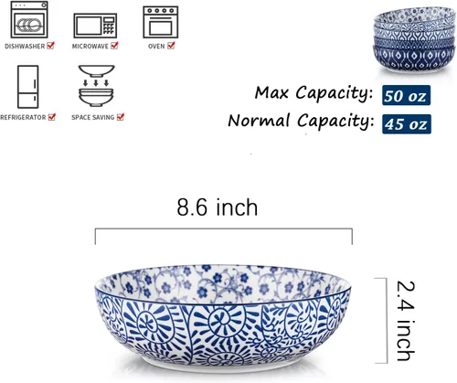 Miniatura 2 de Selamica Juego de 4 cuencos grandes de cerámica para pasta de 30 onzas, de 8 pulgadas, ancho y poco profundo, apto para lavavajillas, varios corlors