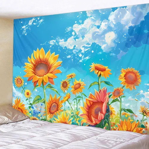 Miniatura 6 de WODEJIAFANG Tapiz estético de tela para pared, tapiz decorativo de girasol, fondo de oficina, divisor de habitación para dormitorio, jardín al aire