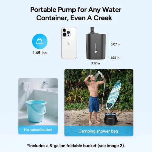 Miniatura 5 de DR.PREPARE Ducha portátil, bombas de ducha dobles para campamento, 2 × 5000 mAh, motor de 11,000 rpm, flujo de 1.32 galones/min, boquilla