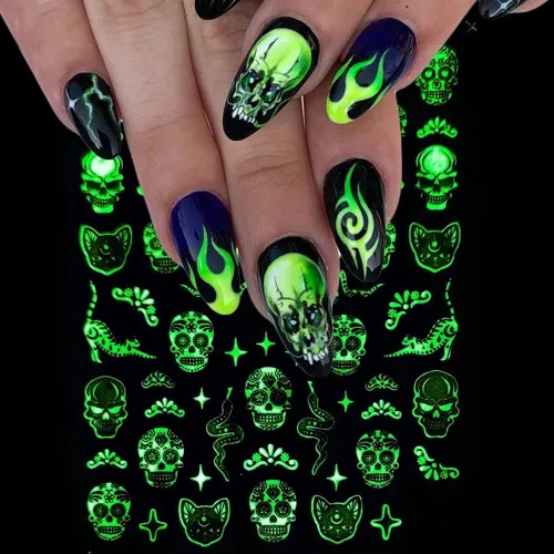 Miniatura 4 de Calcomanías de uñas de Halloween, que brillan en la oscuridad, calcomanías de uñas luminosas 3D, autoadhesivas, calabaza, calavera, murciélago