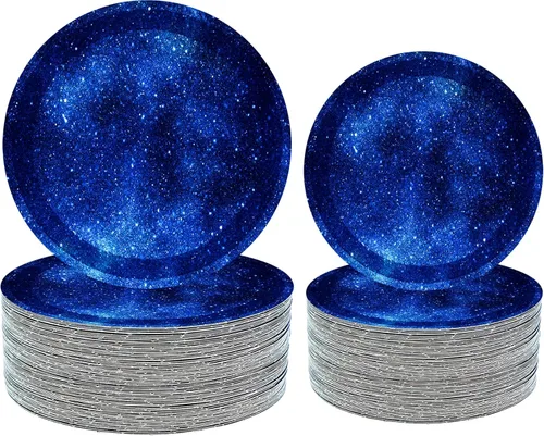 Juego de 50 platos de papel de galaxia estrellada para fiestas, platos espaciales de 9 pulgadas, platos de postre de estrella de 7 pulgadas para