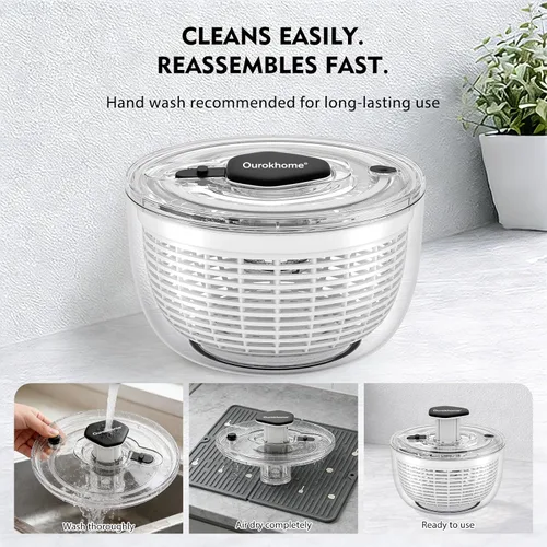 Miniatura 4 de Ourokhome Centrifugadora de Ensalada Secadora de Lechuga, Secadora de Vegetales Grande de Presión Fácil con Una Mano, Mezcladora de Ensalada
