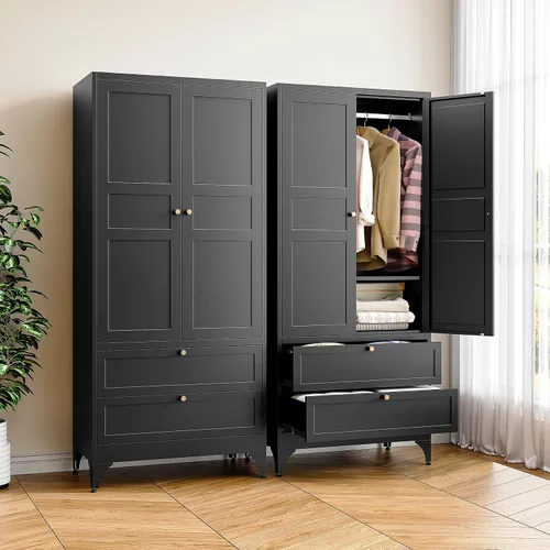 Miniatura 8 de BYNSOE Armario de metal con 2 puertas, armario de 72 pulgadas con riel para colgar, armario de metal con estantes ajustables para dormitorio. Negro