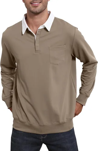 Miniatura 3 de Opomelo Mens Collar Long Sleev Polo Shirts Loose Fit Warm Golf Shirt Pullover Shirt with Pocket