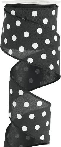 HUIHUANG Cinta de lunares negros con alambre, 2.5 pulgadas x 10 yardas, arpillera de puntos blancos y negros con borde de alambre para manualidades,