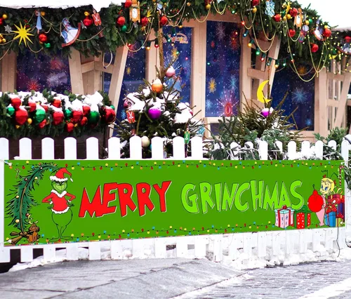Nepnuser Bandera de Navidad Verde para Valla de Jardín Decoración de Fiesta de Vacaciones de Invierno Navidad Gran Letrero Colgante para Casa Jardín