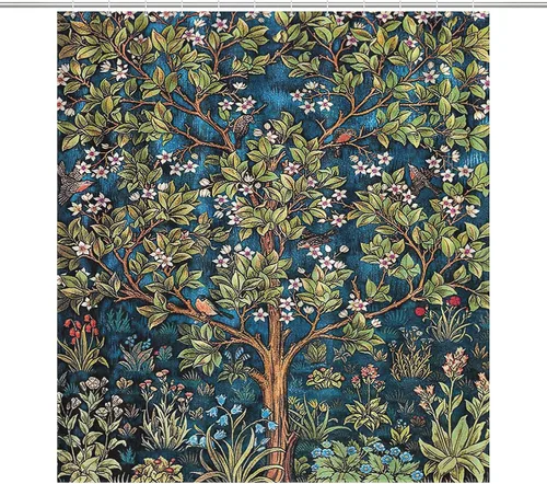 William Morris - Cortina de ducha con diseño floral, estilo vintage de acuarela para baño, cortina de baño decorativa, ganchos para cortina de baño,