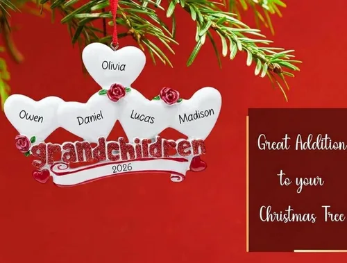 Miniatura 4 de Adorno de Navidad personalizado para nietos con 5 corazones 2026 Adorno familiar con purpurina para árbol de Navidad Regalo de recuerdo único
