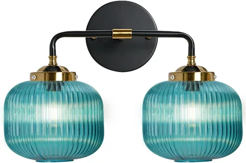 Miniatura 20 de Lámparas de baño de mediados de siglo, aplique de pared de 2 luces con pantalla de vidrio con rayas verdes, luz de montaje en pared, luces modernas