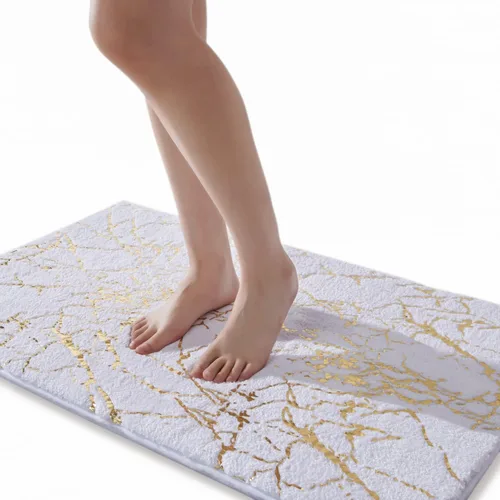 Miniatura 9 de QJHOMO Alfombra de baño de mármol, alfombras de baño blancas y doradas decorativas, antideslizante, tapete de baño super absorbente de microfibra