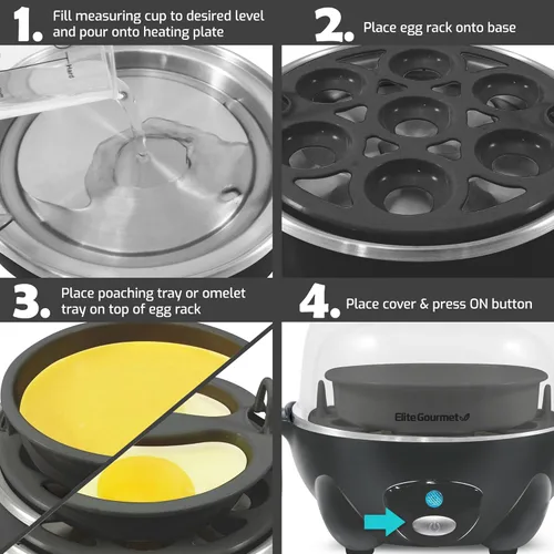 Miniatura 7 de Elite Gourmet EGC710DKG Cocedor Rápido de Huevos, 7 Huevos Hervidos Fáciles de Pelar, Duros, Medianos, Suaves, Escalfador, Máquina para Omelettes