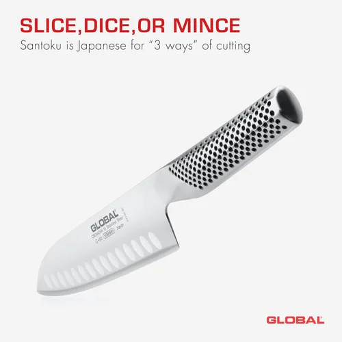 Miniatura 5 de Global Cuchillo Santoku de Filo Hueco de 7 pulgadas - Acero Inoxidable Japonés Ligero, Filo Afilado como Navaja, Fabricado en Japón, G-80