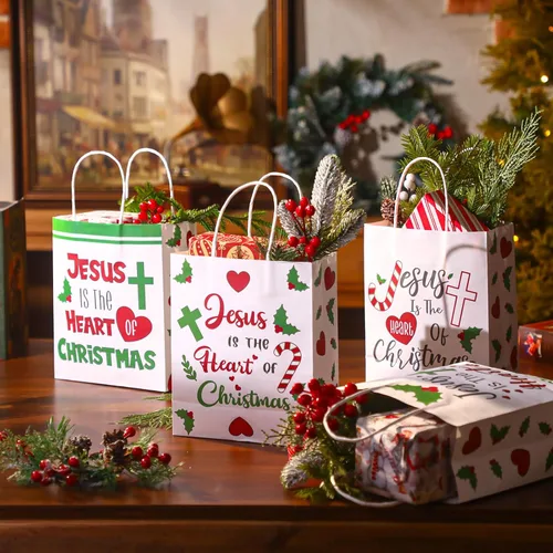 Miniatura 4 de Zhanmai 24 bolsas de regalo de Navidad con asas a granel, cristiano Jesús es el corazón de Navidad, bolsas con corazón, hoja de flor de pascua