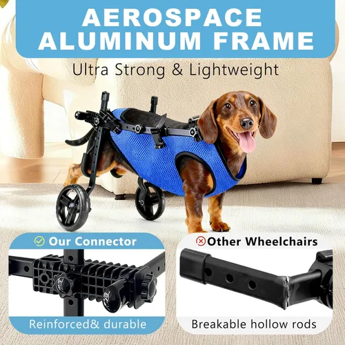 Miniatura 5 de Silla de ruedas para perros para patas traseras, altura/longitud/ancho ajustable, silla de ruedas resistente con ruedas que absorben los golpes, Azul
