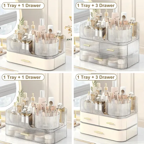 Miniatura 5 de DASITON Organizador de Maquillaje con Cajones y Soporte Giratorio para Brochas de Maquillaje, Organizador de Cosméticos Apilable de Gran Capacidad