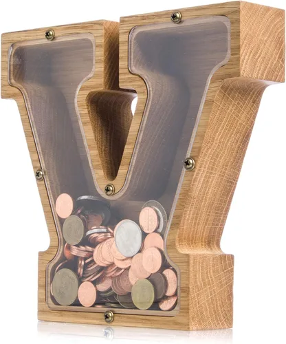 Miniatura 31 de Alcancía de madera personalizada con letra para niños, niñas y adultos, bancos de monedas de madera de roble duradero, 3 tamaños para elegir