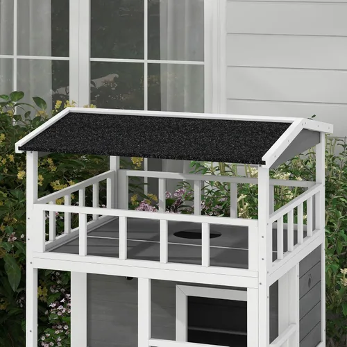Miniatura 8 de Robust Multi-Story Cat Condo Featuring Asphalt Roof, Escape Doors, Jumping Platform, Durable Material, Light Gray Exterior