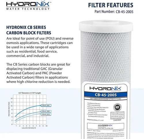 Miniatura 4 de Hydronix CB-45-2005 NSF Filtro de bloque de carbono de 4.5 pulgadas de diámetro externo x 20 pulgadas de largo, de 5 micrones.