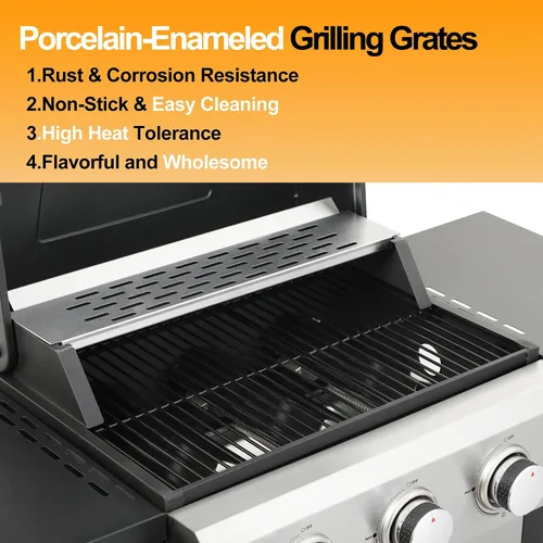 Miniatura 5 de Parrilla de gas propano de 3 quemadores de acero inoxidable, salida de 30,000 BTU, rejillas de esmalte de porcelana, sistema de calefacción uniforme