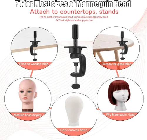 Miniatura 2 de Teenitor Soporte para cabeza de maniquí de peluca, soporte para cosméticos de maniquí con tenaza de agarre, paquete de 2 unidades, color negro