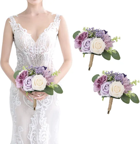 Miniatura 20 de Ramos de dama de honor para boda, juego de 6 ramos de flores artificiales para decoración de otoño, boda, propuesta de matrimonio, fiesta, Naranja