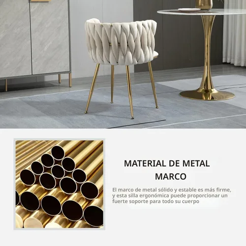 Miniatura 8 de Nrizc Juego de 2 sillas de comedor de terciopelo, sillas de comedor tapizadas tejidas con patas de metal dorado, sillas decorativas modernas