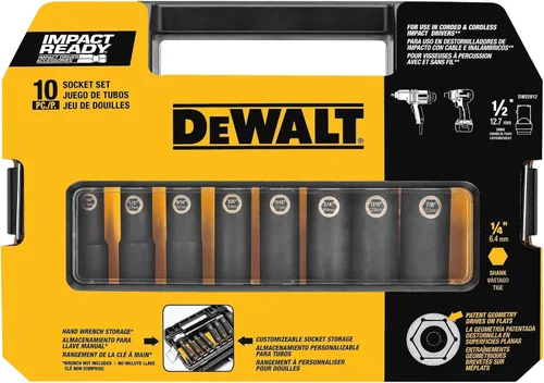 Miniatura 7 de DEWALT - Juego de dados de impacto, 1/2 unidad, 10 piezas, adaptador de vaso de impacto de 1/4" a 1/2" (DW22812)